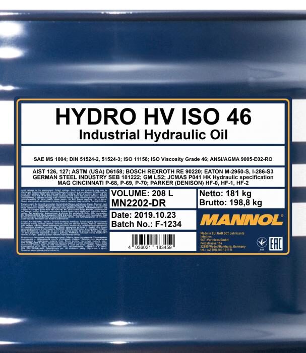 Hidrauliska eļļa HVLP Mannol 2202 Hydro HV ISO 46 1000L