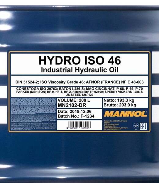 Hidrauliska eļļa ISO 46 208L Mannol 2102 Hydro ISO 46 208 ltr.
