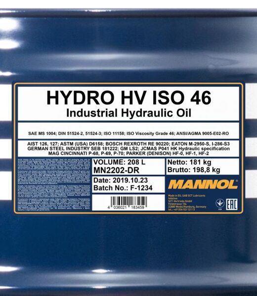Hidrauliska eļļa 208L ISO 46 HVLP Mannol 2202 Hydro HV ISO 46 muca 208L